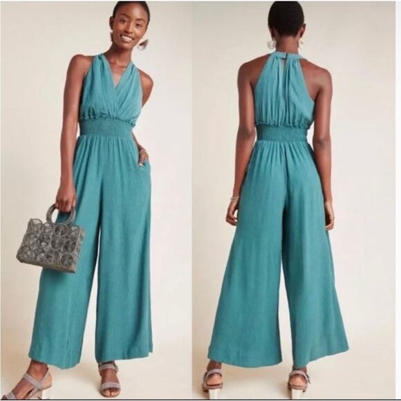Anthropologie Green Halter Style Bionda Plisse Wide Leg Jumpsuit Pockets XSP - Picture 1 of 9